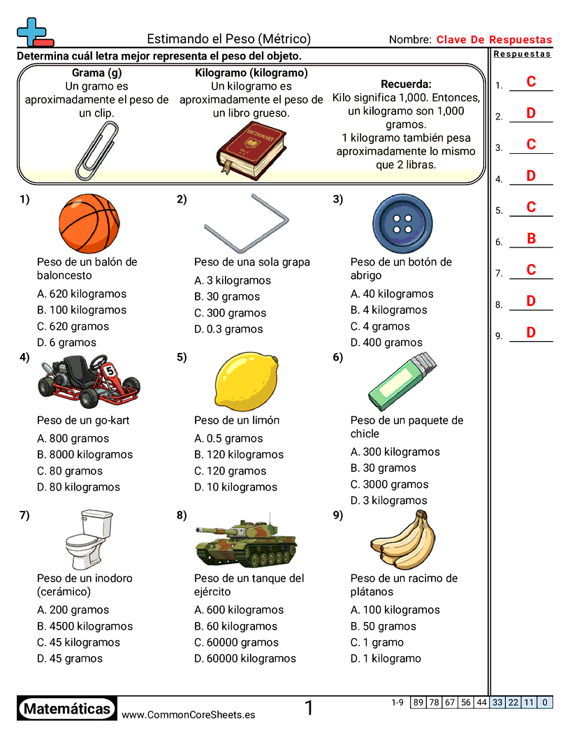 Ejercicios  de pesos - Estimar peso worksheet
