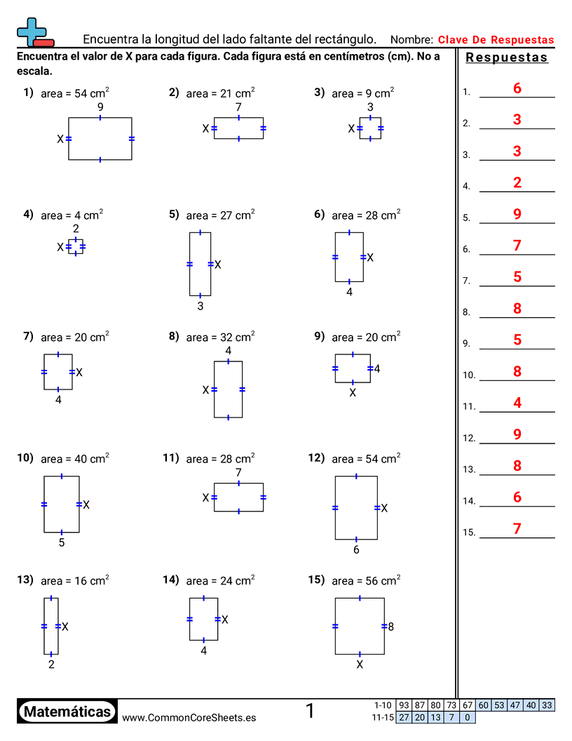 Ejercicios  área y perímetro - Encontrar el lado faltante de un rectángulo worksheet