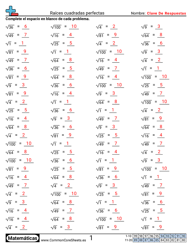 Ejercicios  de ejercicios de matemáticas - Raíces cuadradas perfectas worksheet
