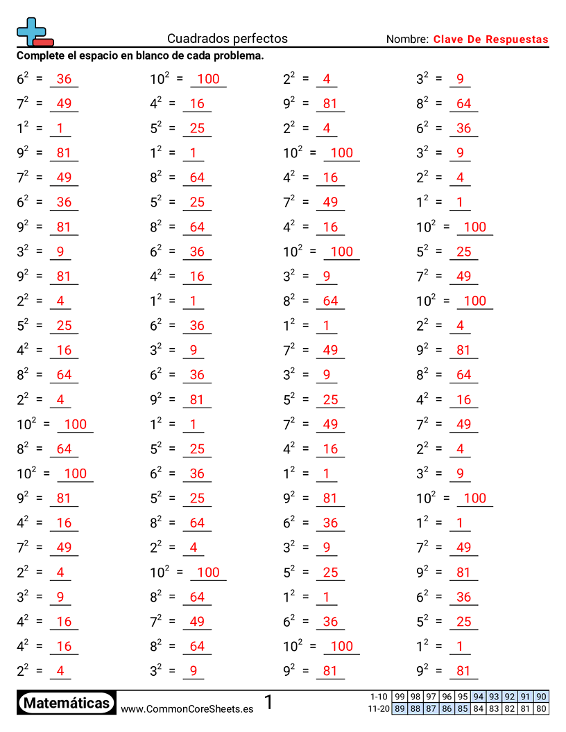 Ejercicios  de ejercicios de matemáticas - Cuadrados perfectos worksheet