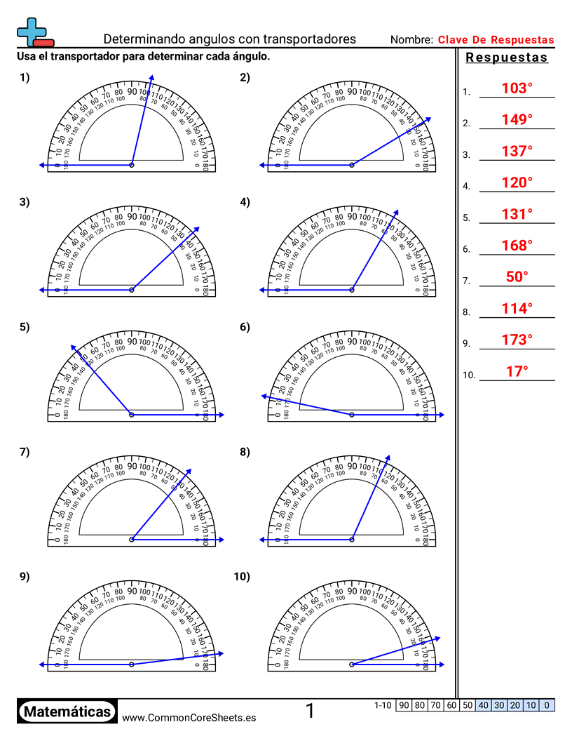 Ejercicios de ángulos - Determinar ángulos con transportadores worksheet