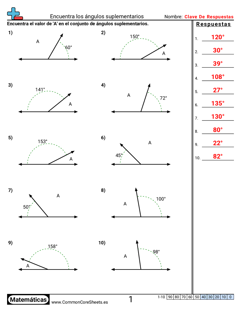 Ejercicios de ángulos - Encontrar ángulos suplementarios worksheet