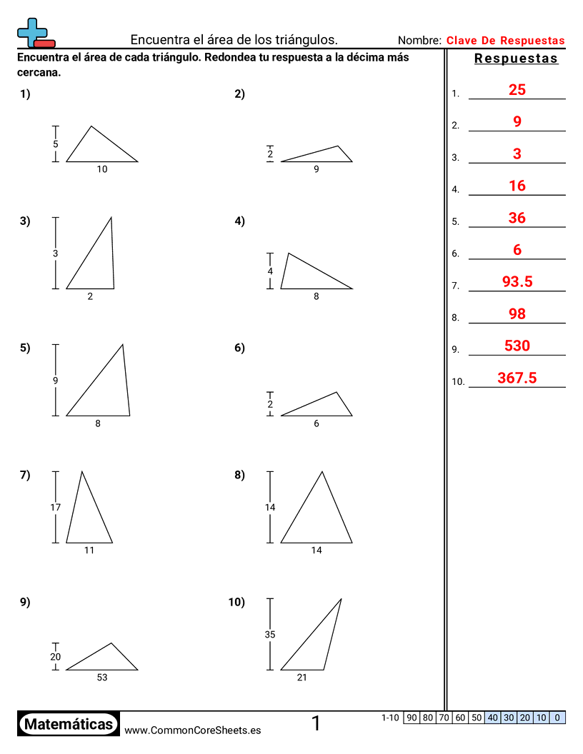 Ejercicios  área y perímetro - Área de triángulos (base y altura) worksheet