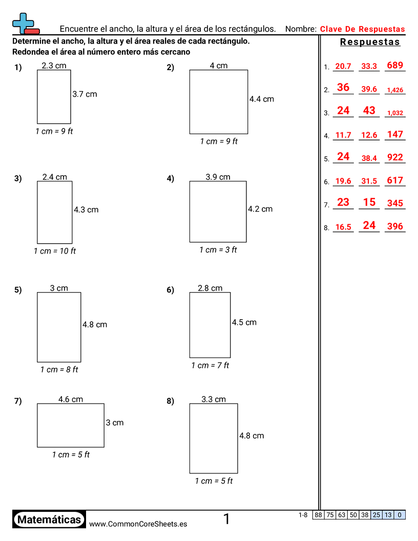 Ejercicios  área y perímetro - Encontrar ancho, altura y área de rectángulos a escala worksheet