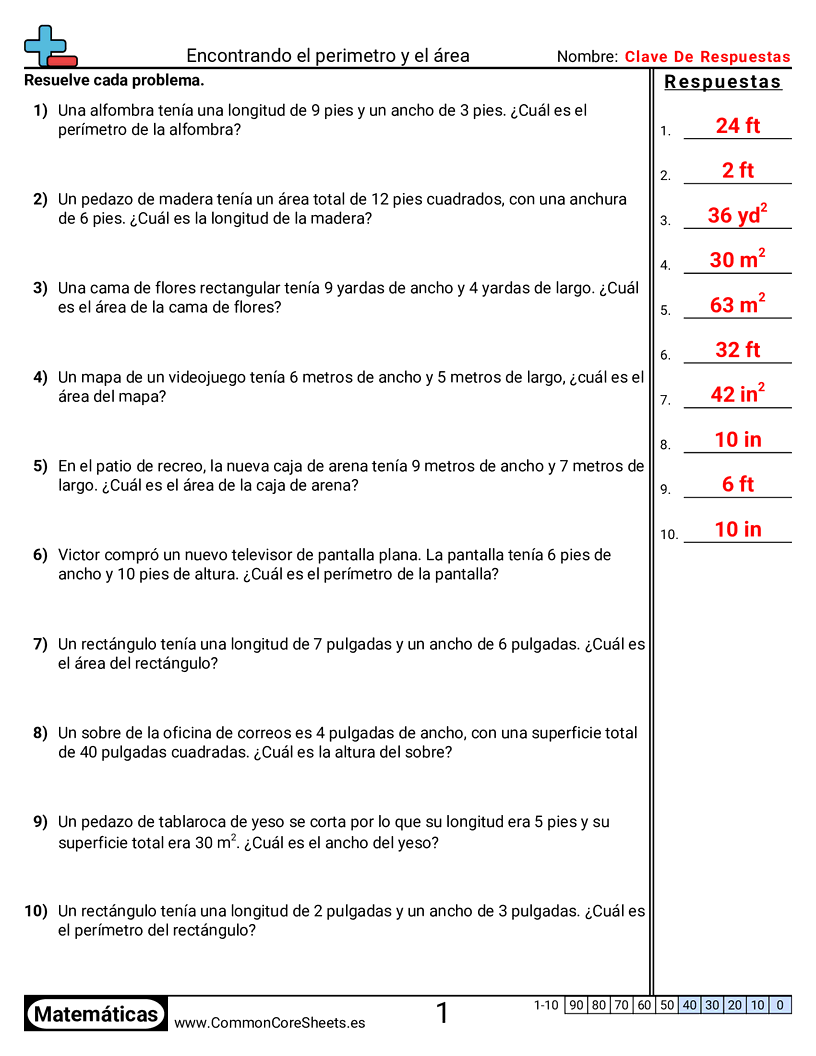 Ejercicios  área y perímetro - Perímetro - área (palabras) worksheet
