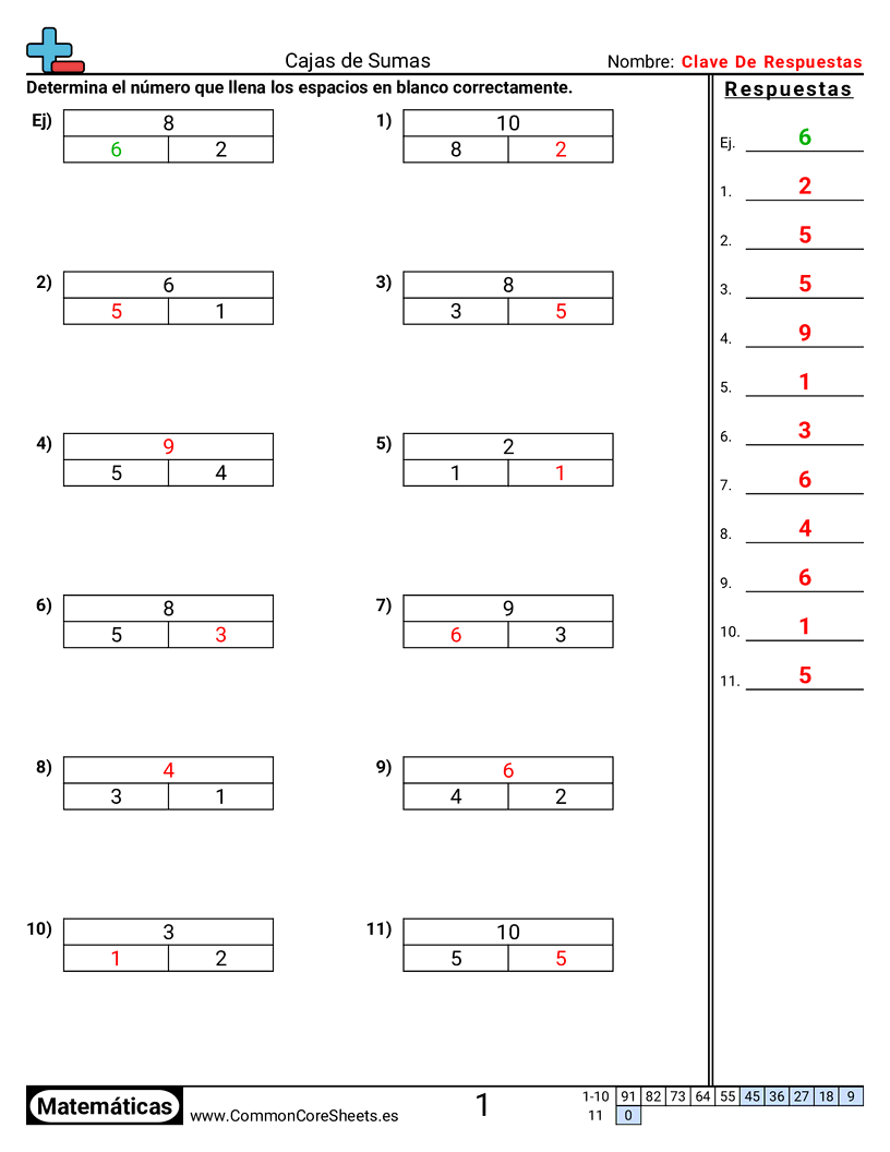 Ejercicios de sumas - Cuadros de suma (hasta diez) worksheet