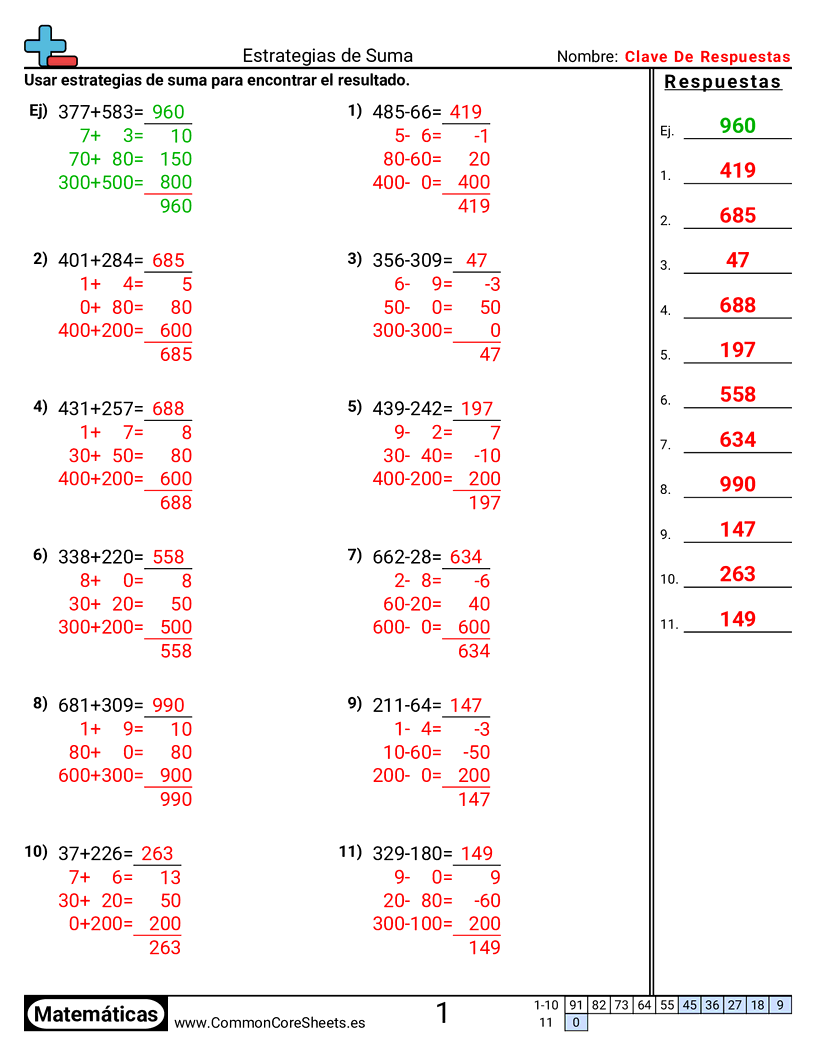 Ejercicios de sumas - Estrategias de suma worksheet