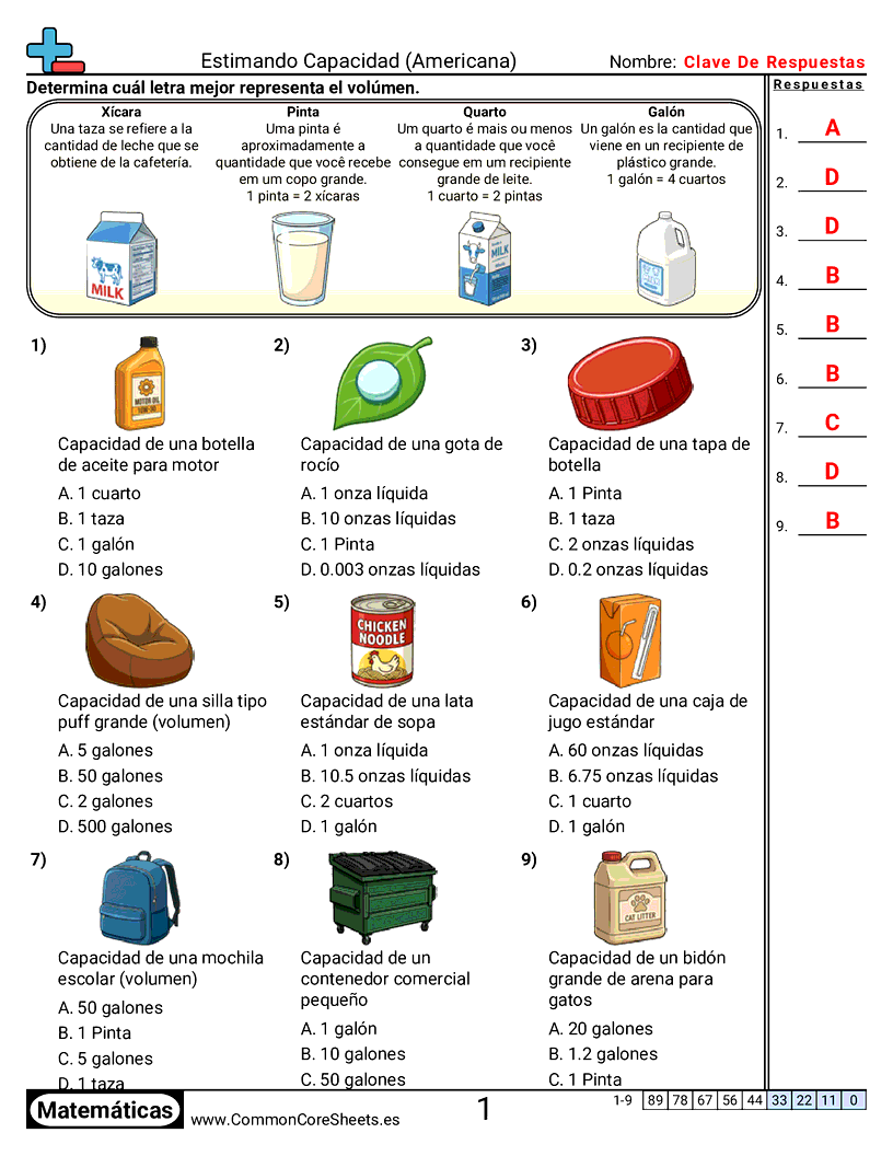 Ejercicios  de capacidad - Capacidad estadounidense (visual) worksheet