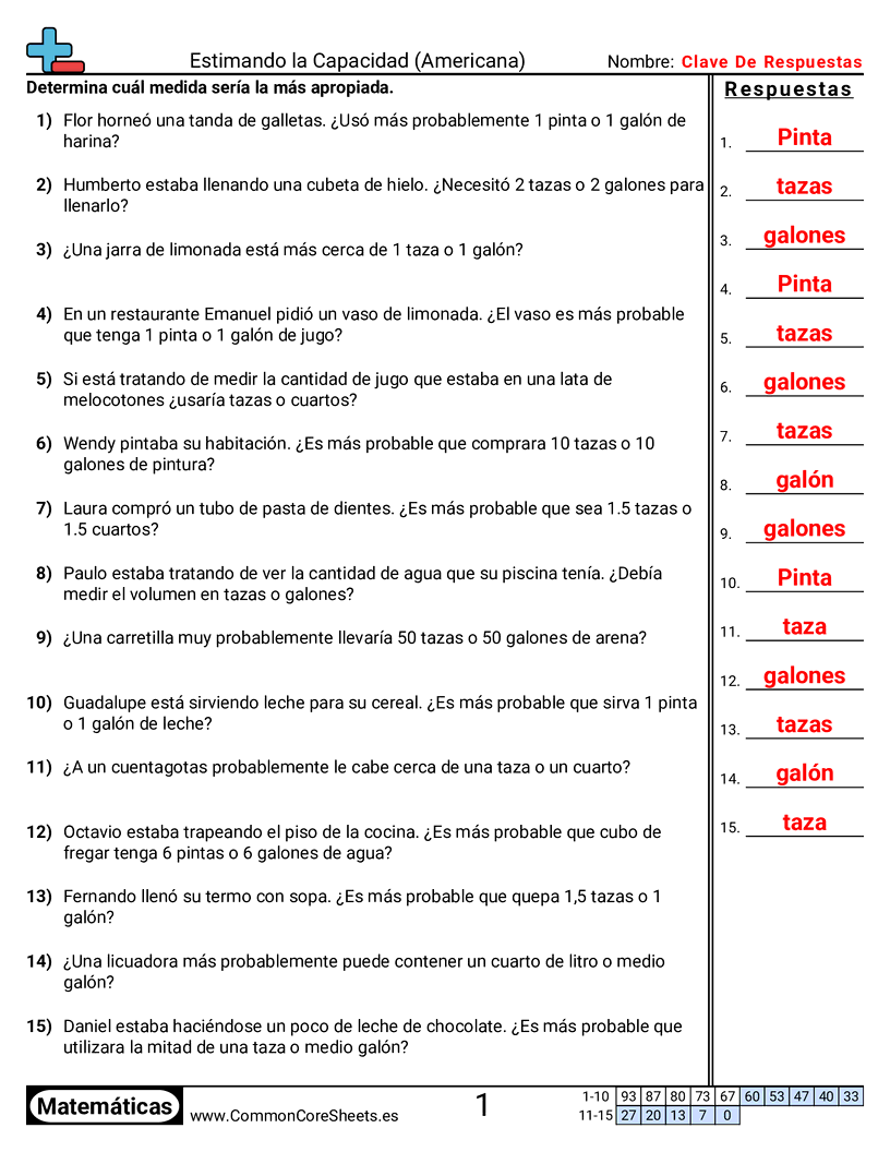 Ejercicios  de capacidad - Capacidad estadounidense (palabras) worksheet