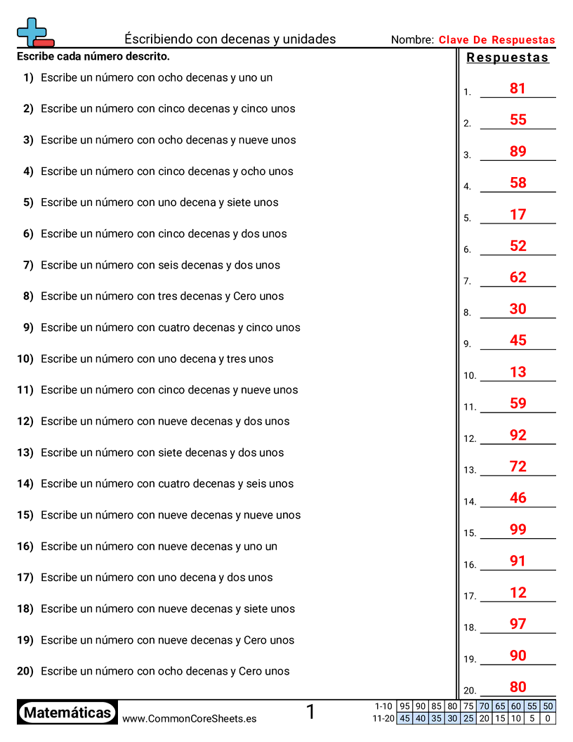 Ejercicios  de conversión de formas - Escribir con decenas y unidades worksheet