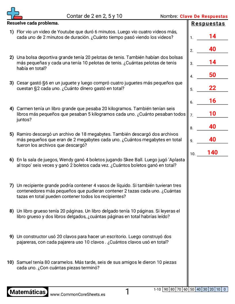 Ejercicios  de conteo - Contar de 2, 5 y 10 (palabras) worksheet