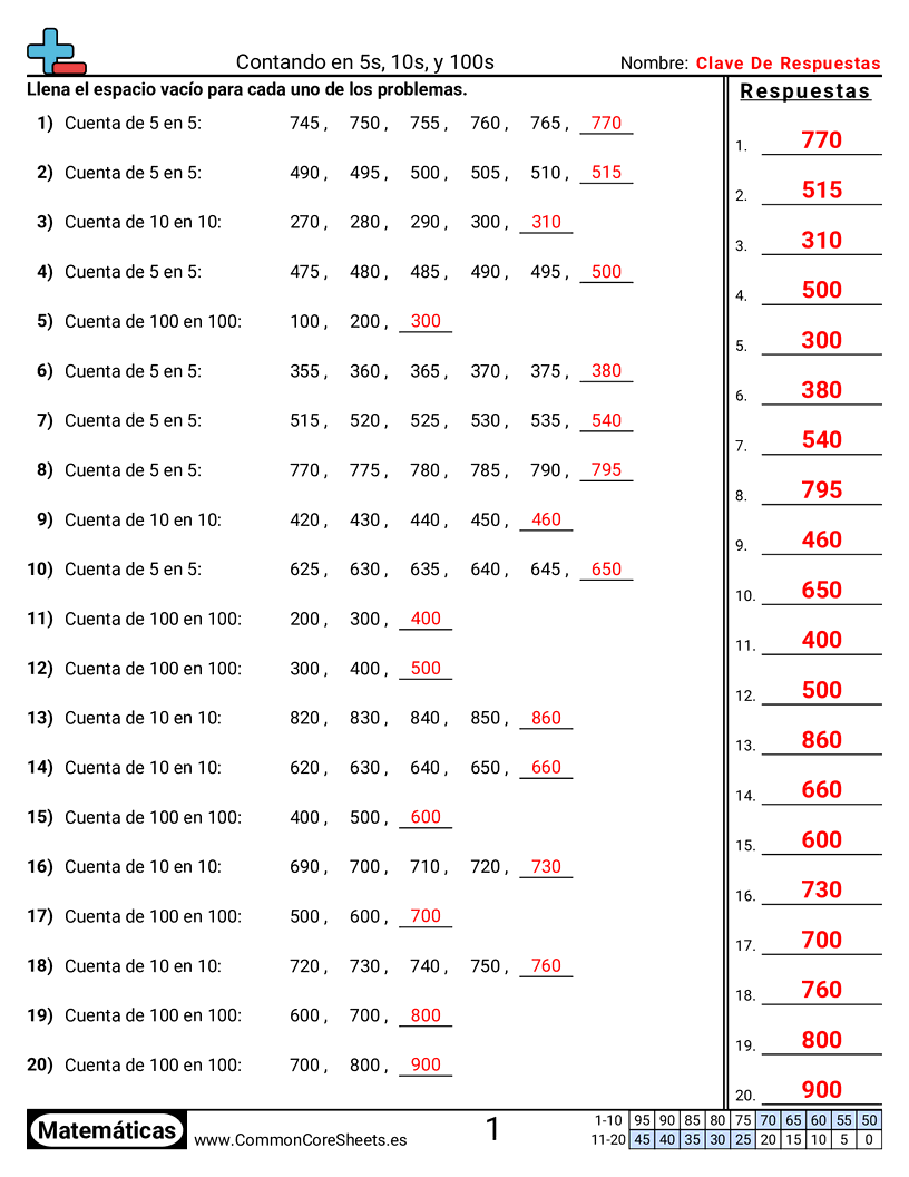 Ejercicios  de conteo - Conteo salteado (de 5 en 5, 10 en 10, 100 en 100) worksheet