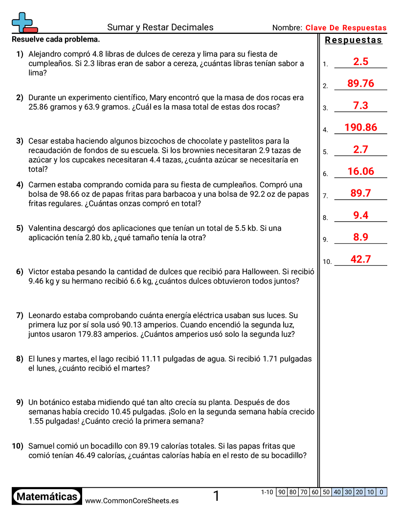 Ejercicios  de decimales  - Sumar y restar hasta centésimas (problemas de palabras) worksheet
