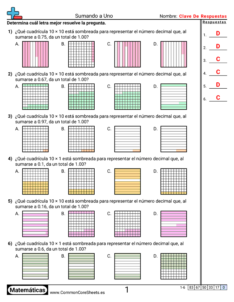 Ejercicios  de decimales  - Sumar y restar hasta 1 worksheet