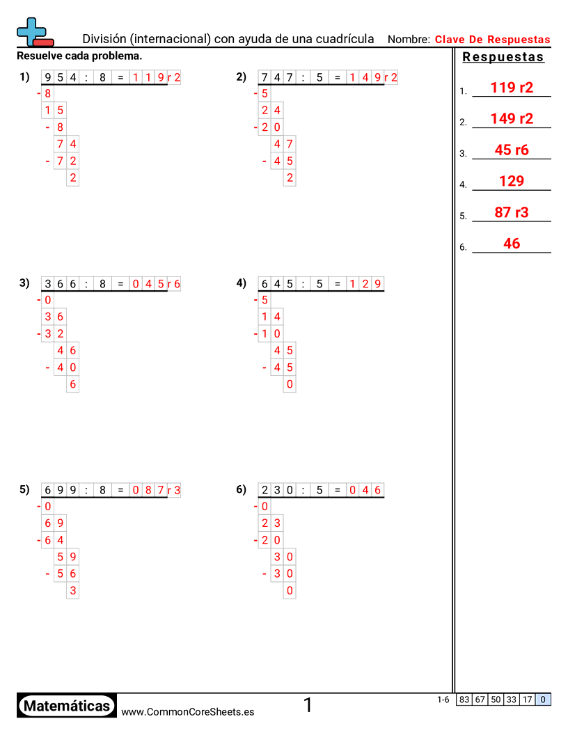 Ejercicios  de división - División (estilo internacional) con cuadrícula de ayuda worksheet