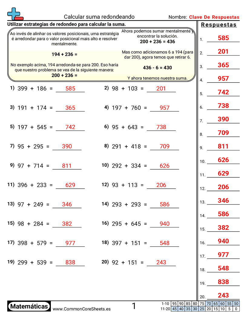 Ejercicios de sumas - Encontrar sumas redondeando worksheet