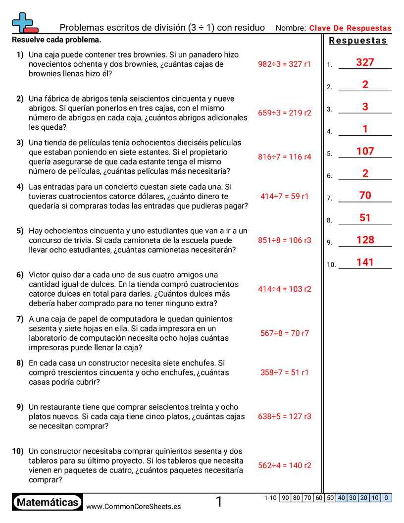 Ejercicios  de división - 3 ÷ 1 (con residuo) worksheet