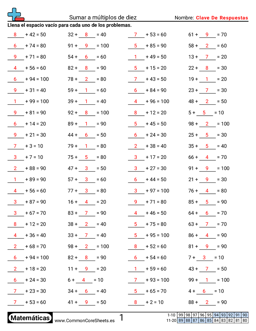 Ejercicios  de ejercicios de matemáticas - Sumar a múltiplos de diez worksheet