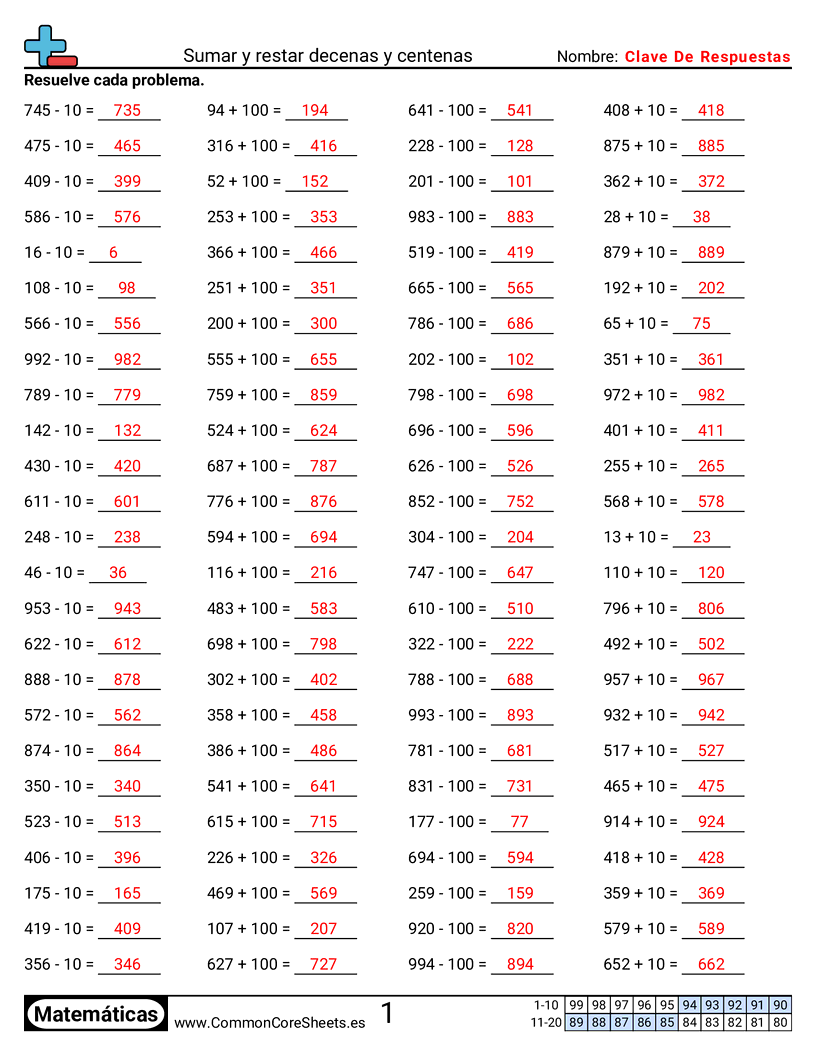 Ejercicios  de ejercicios de matemáticas - Sumar y restar decenas y centenas worksheet