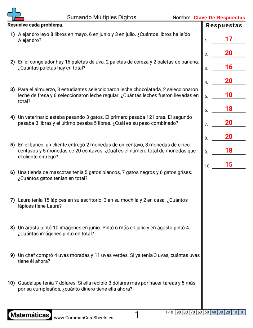 Ejercicios de sumas - 3 sumandos (menores que 20) (problemas de palabras) worksheet