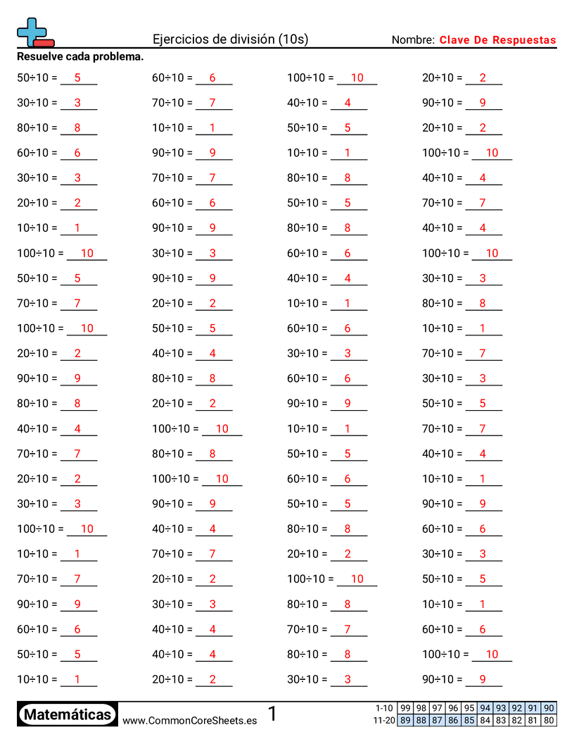 Ejercicios  de ejercicios de matemáticas - 10 (tablas) worksheet