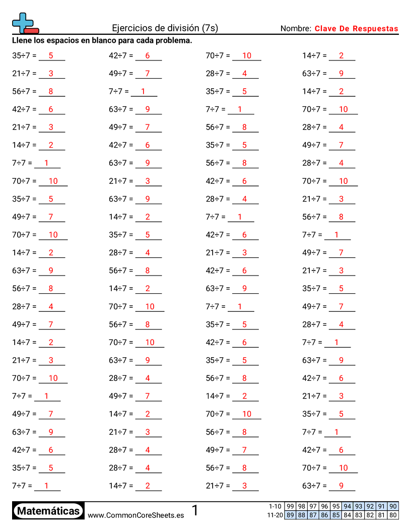 Ejercicios  de ejercicios de matemáticas - 7 (tablas) worksheet
