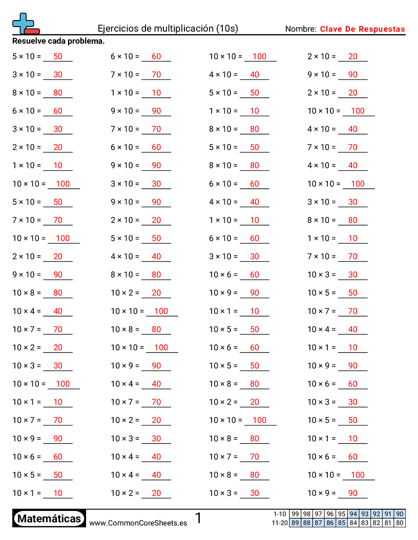 Ejercicios  de ejercicios de matemáticas - 10 (tablas) (horizontal) worksheet