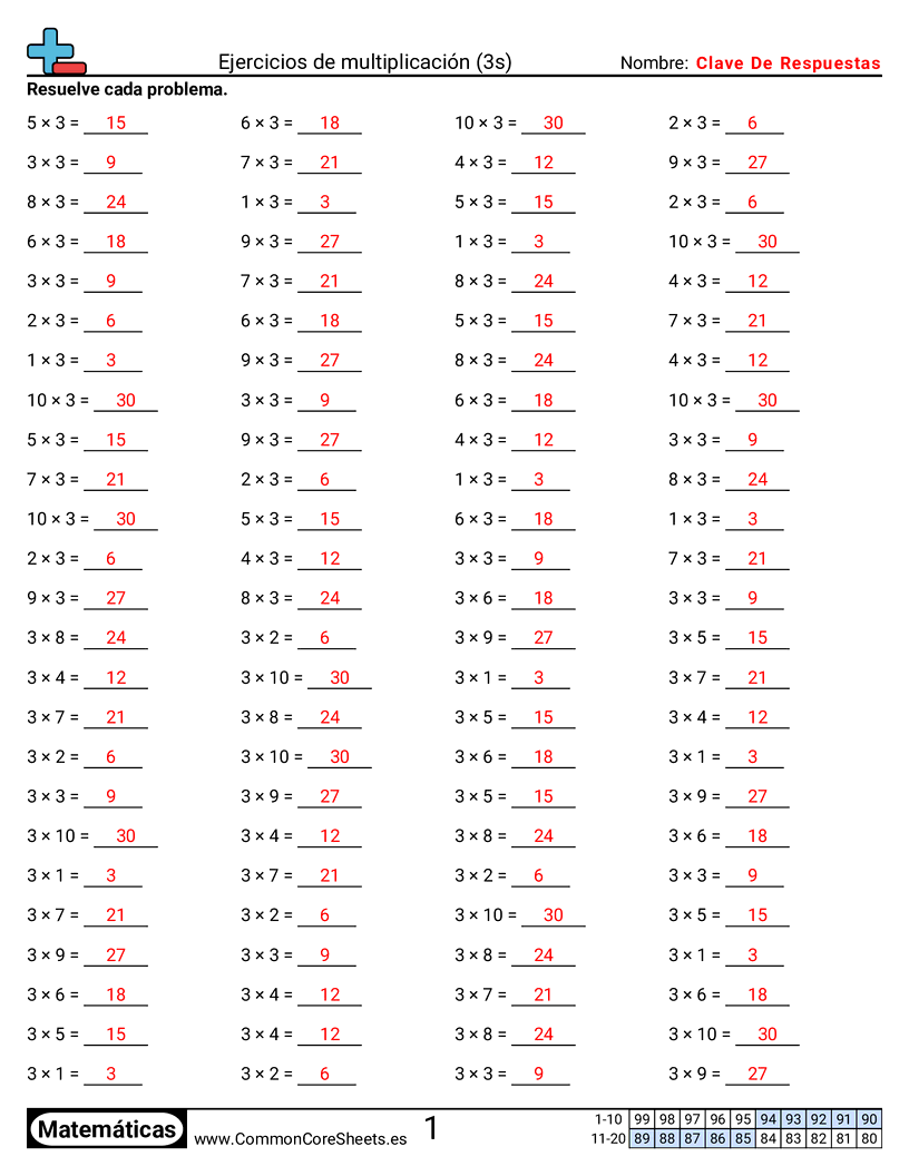 Ejercicios  de ejercicios de matemáticas - 3 (tablas) (horizontal) worksheet