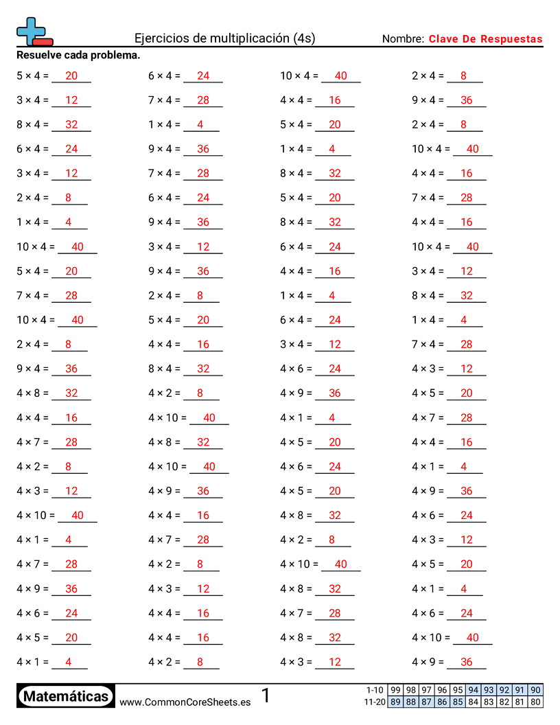Ejercicios  de ejercicios de matemáticas - 4 (tablas) (horizontal) worksheet