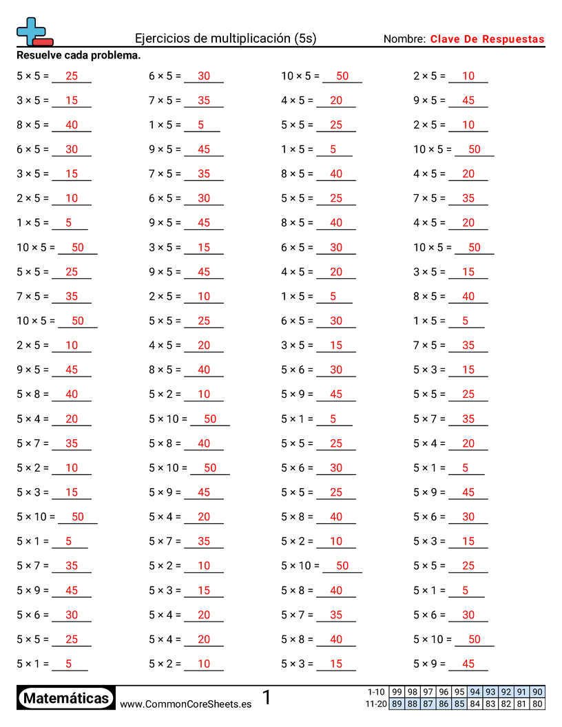 Ejercicios  de ejercicios de matemáticas - 5 (tablas) (horizontal) worksheet