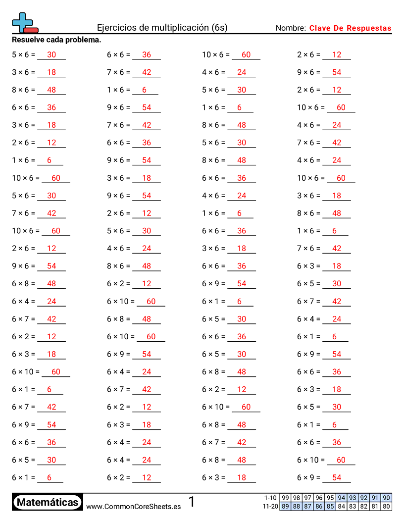 Ejercicios  de ejercicios de matemáticas - 6 (tablas) (horizontal) worksheet
