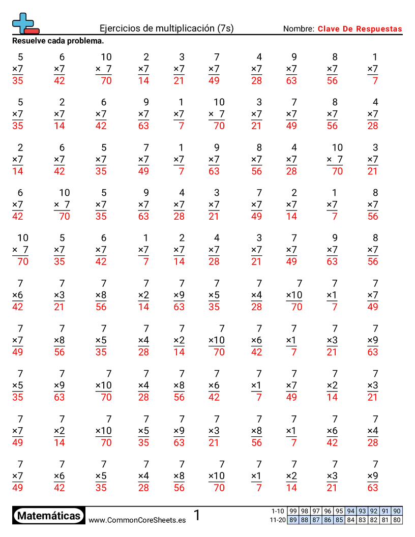Ejercicios  de ejercicios de matemáticas - 7 (tablas) worksheet