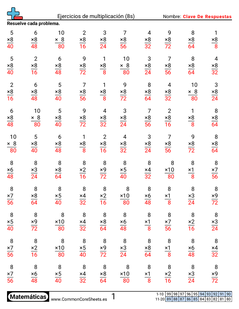 Ejercicios  de ejercicios de matemáticas - 8 (tablas) worksheet