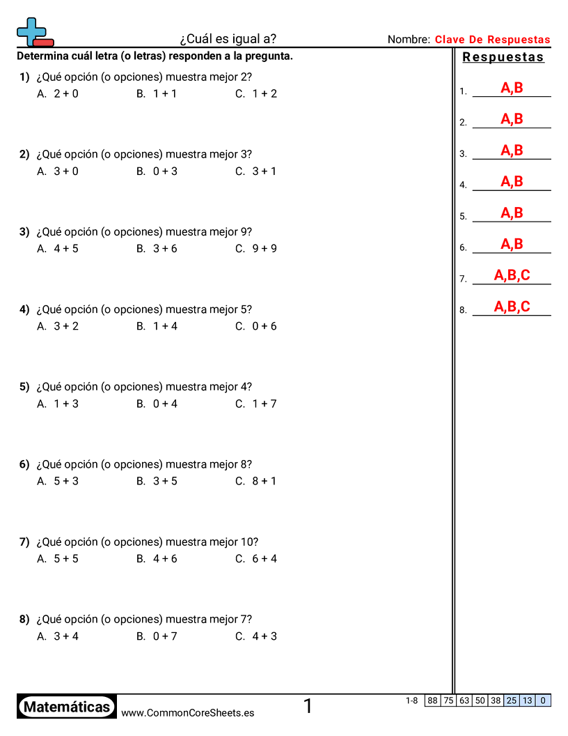 Ejercicios de sumas - ¿Cuál es igual? worksheet