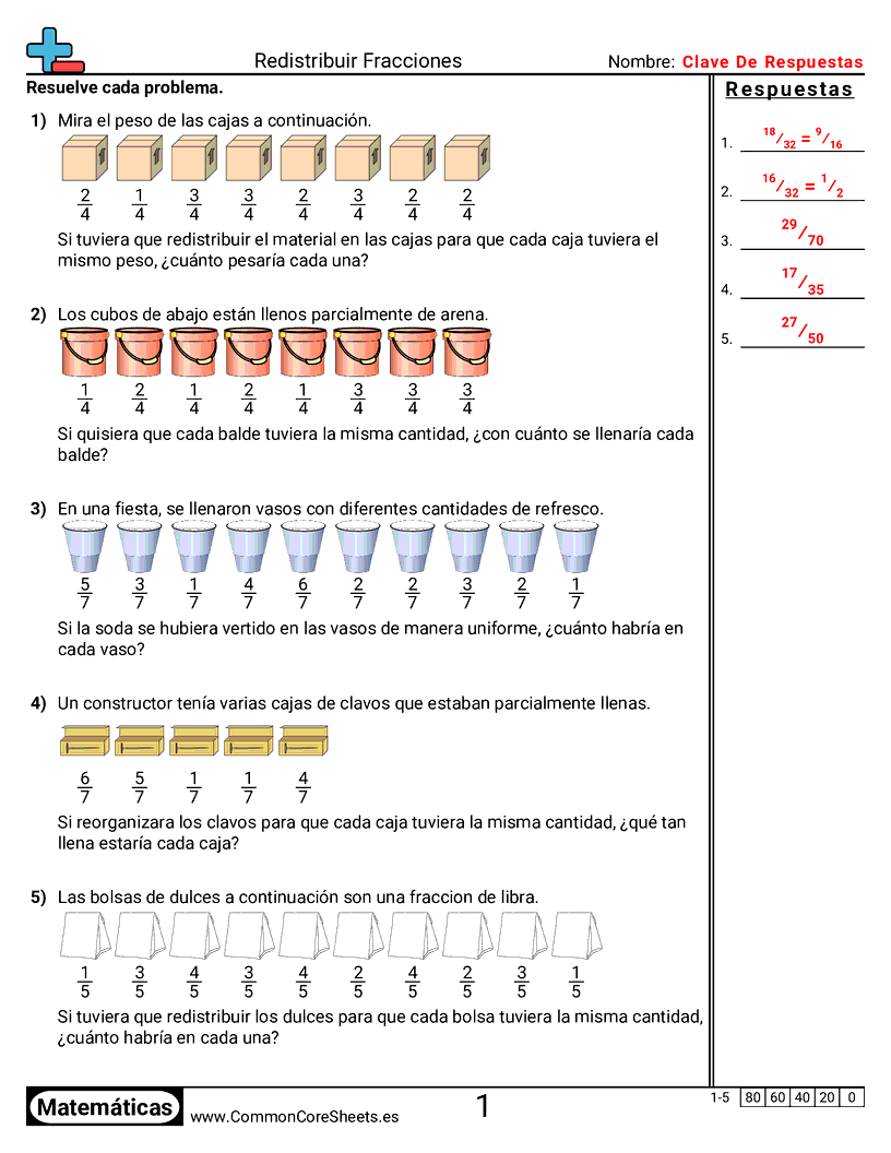 Ejercicios  de fracciones - Distribuir valores de fracciones worksheet