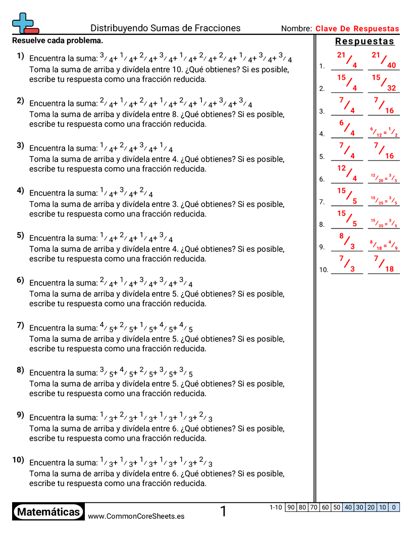 Ejercicios  de fracciones - Distribuir sumas de fracciones worksheet