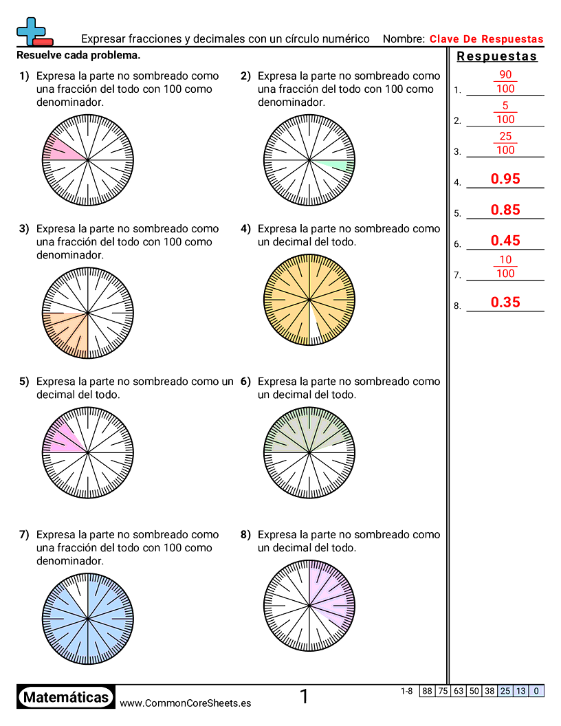 Ejercicios  de fracciones - Expresar fracciones y decimales con una rueda numérica worksheet