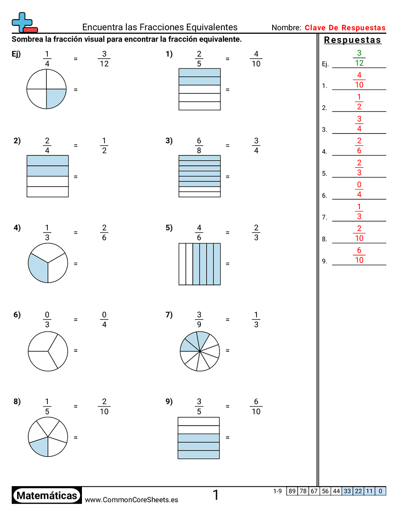 Ejercicios  de fracciones - Encontrar fracción equivalente (visual) worksheet