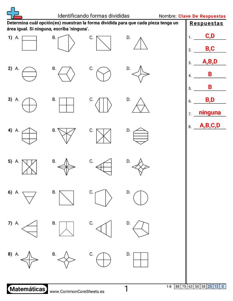Ejercicios  de fracciones - Identificar figuras particionadas worksheet