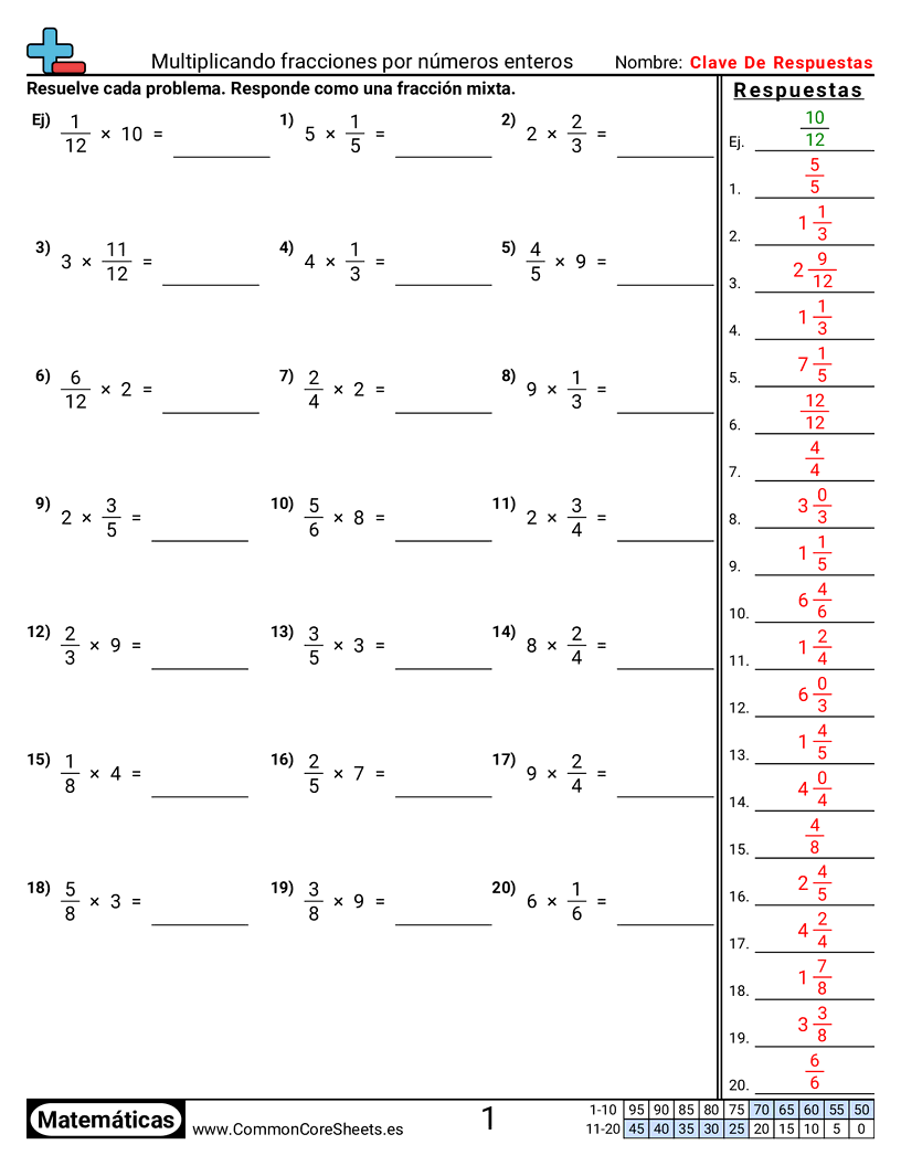 Ejercicios  de fracciones - Multiplicar fracciones por números enteros worksheet