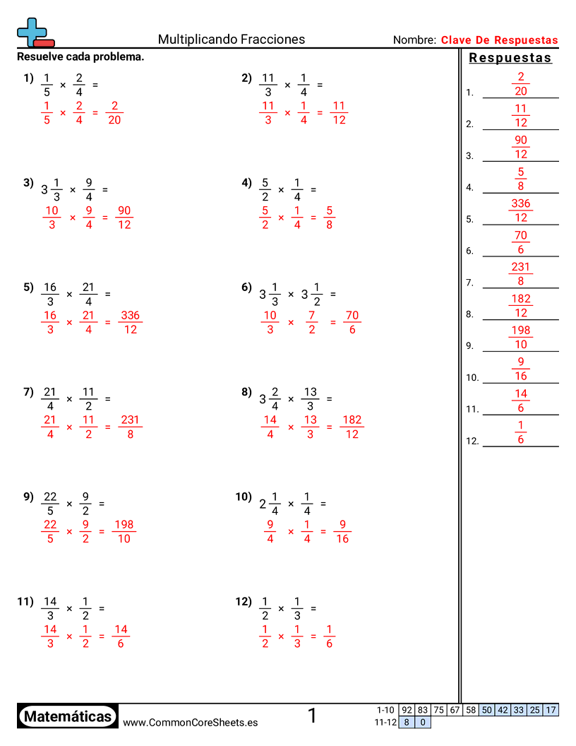 Ejercicios  de fracciones - Multiplicar fracciones worksheet