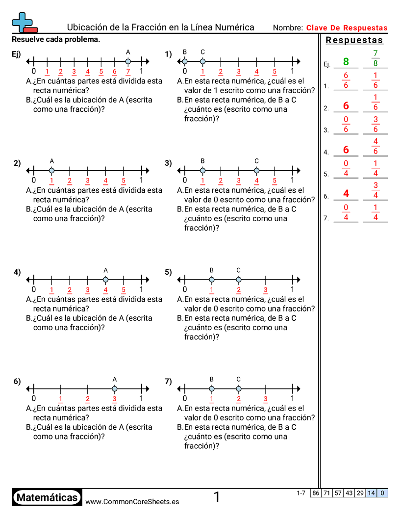 Ejercicios  de fracciones - Determinar el valor de una fracción en una recta numérica worksheet