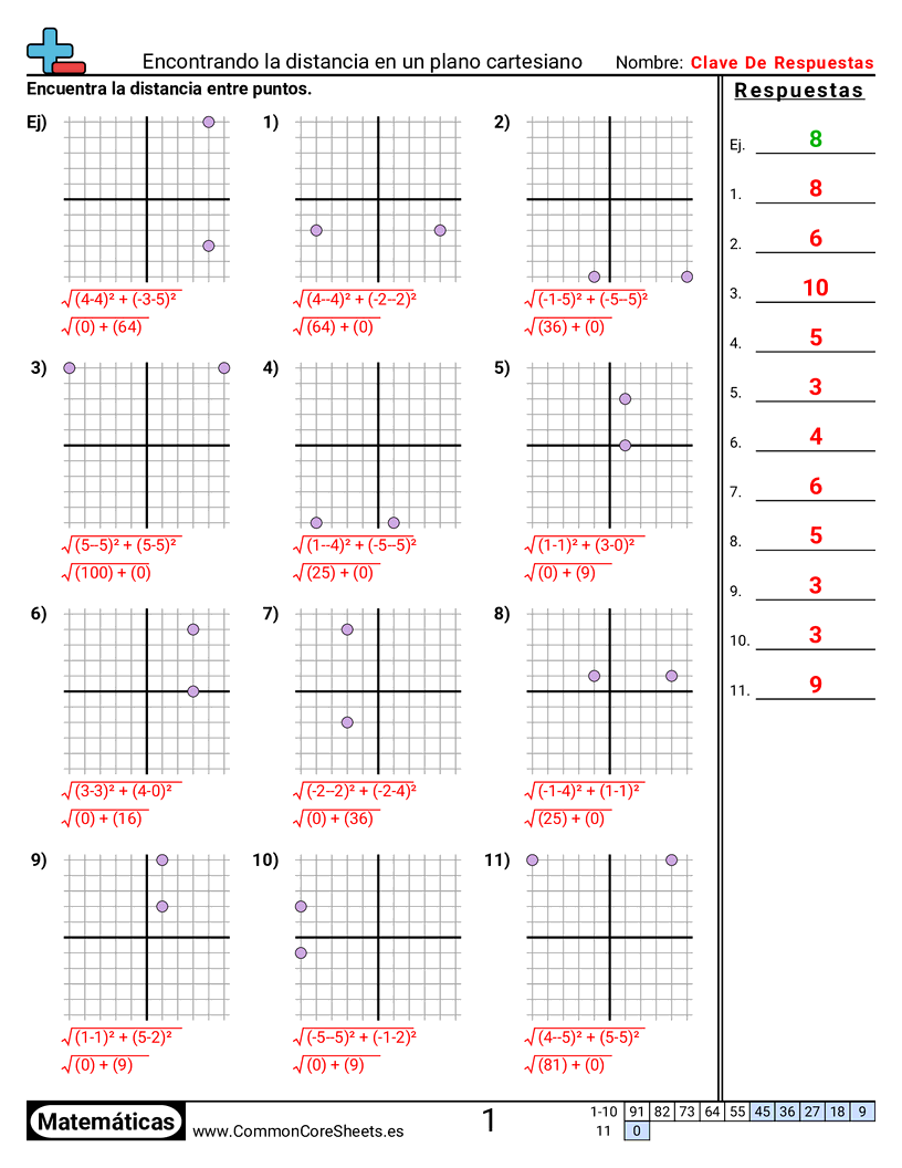 Ejercicios  de cuadriculas - Encontrar distancia (mismo X o Y) worksheet