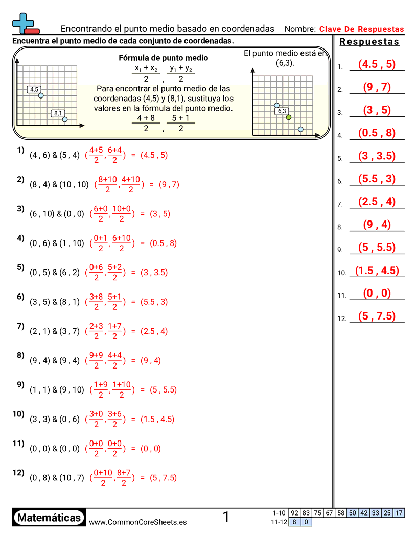 Ejercicios  de cuadriculas - Encontrar el punto medio según coordenadas worksheet