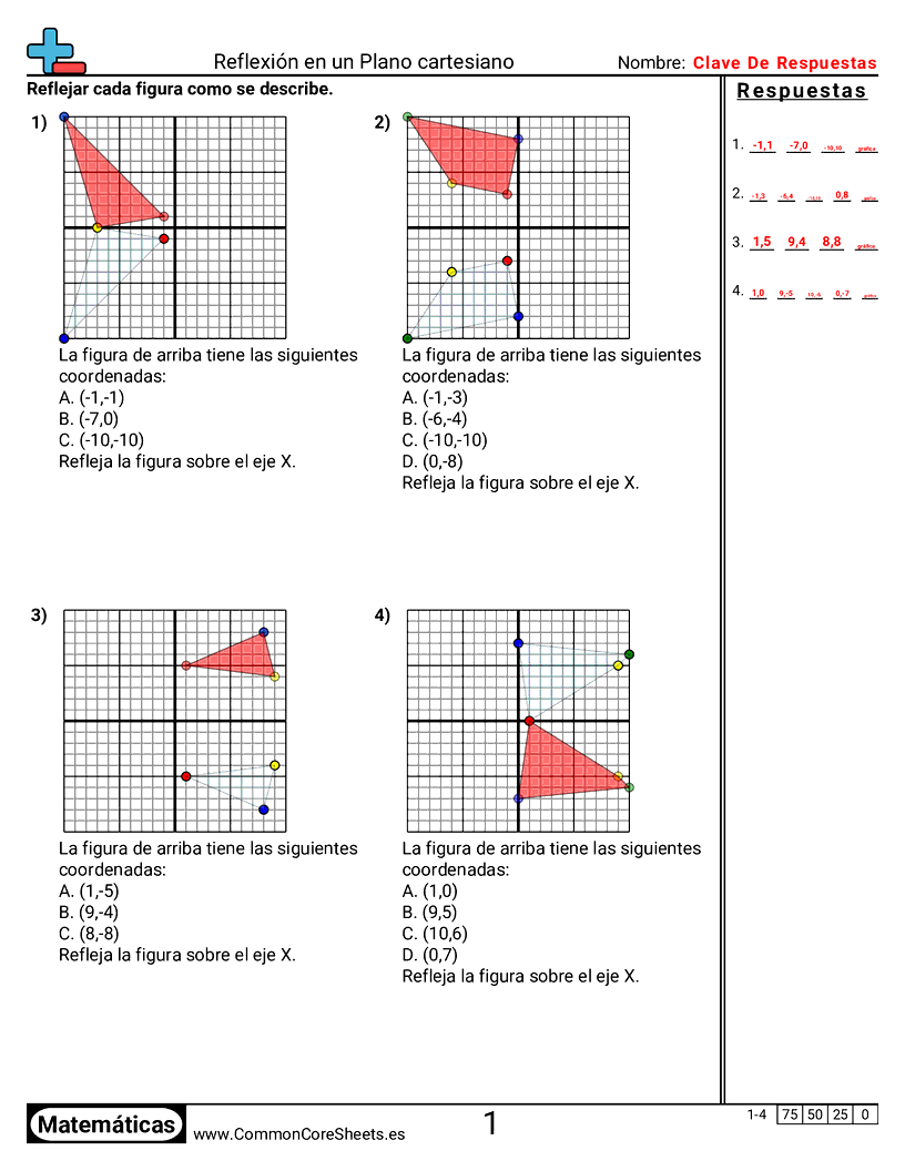 Ejercicios  de cuadriculas - Reflejar en el plano de coordenadas worksheet