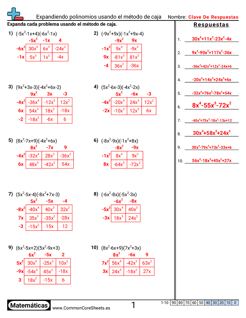 Ejercicios de álgebra - Expandir polinomios usando el método de la caja worksheet