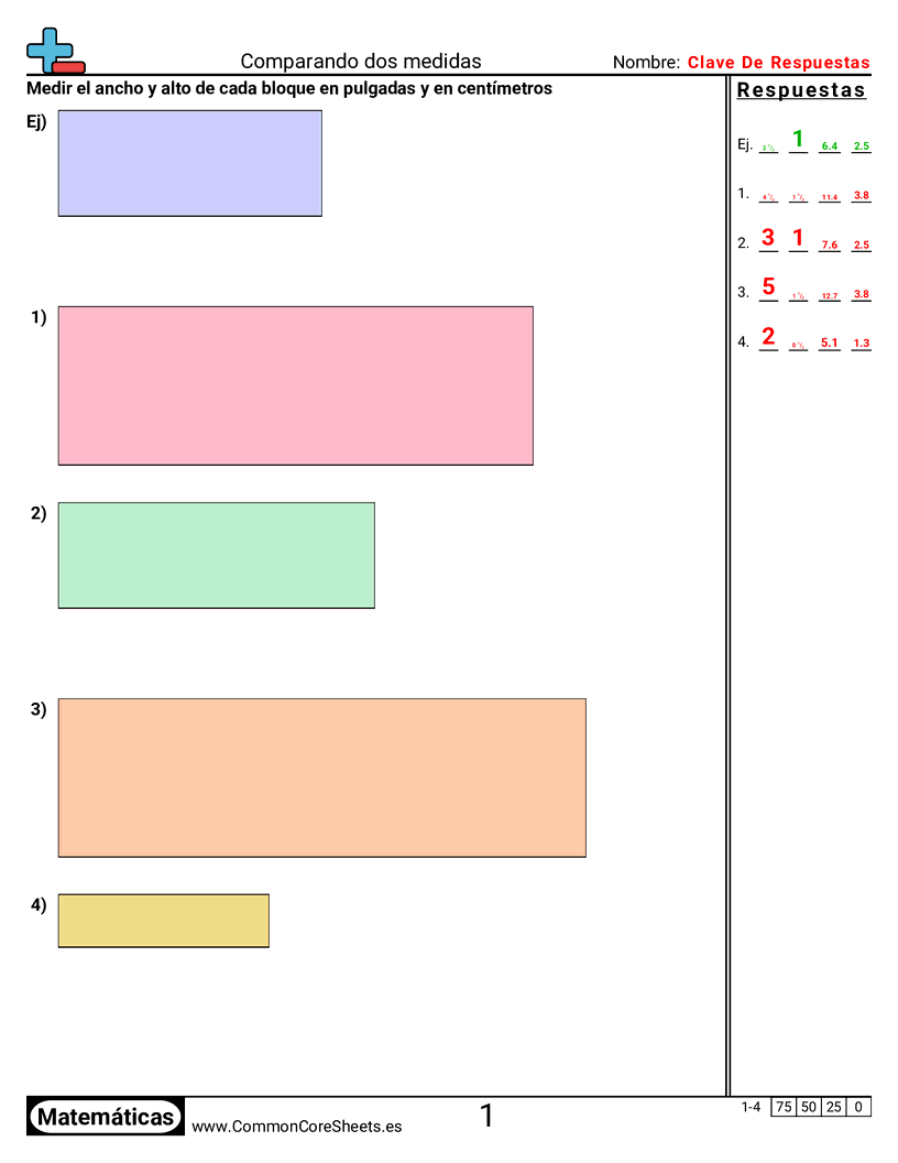 Ejercicios  de medición - Comparar dos mediciones (ancho y altura) worksheet