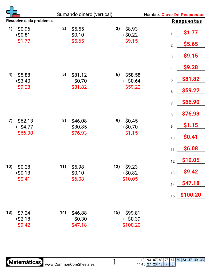 Ejercicios  de dinero  - Sumar dinero (vertical) worksheet