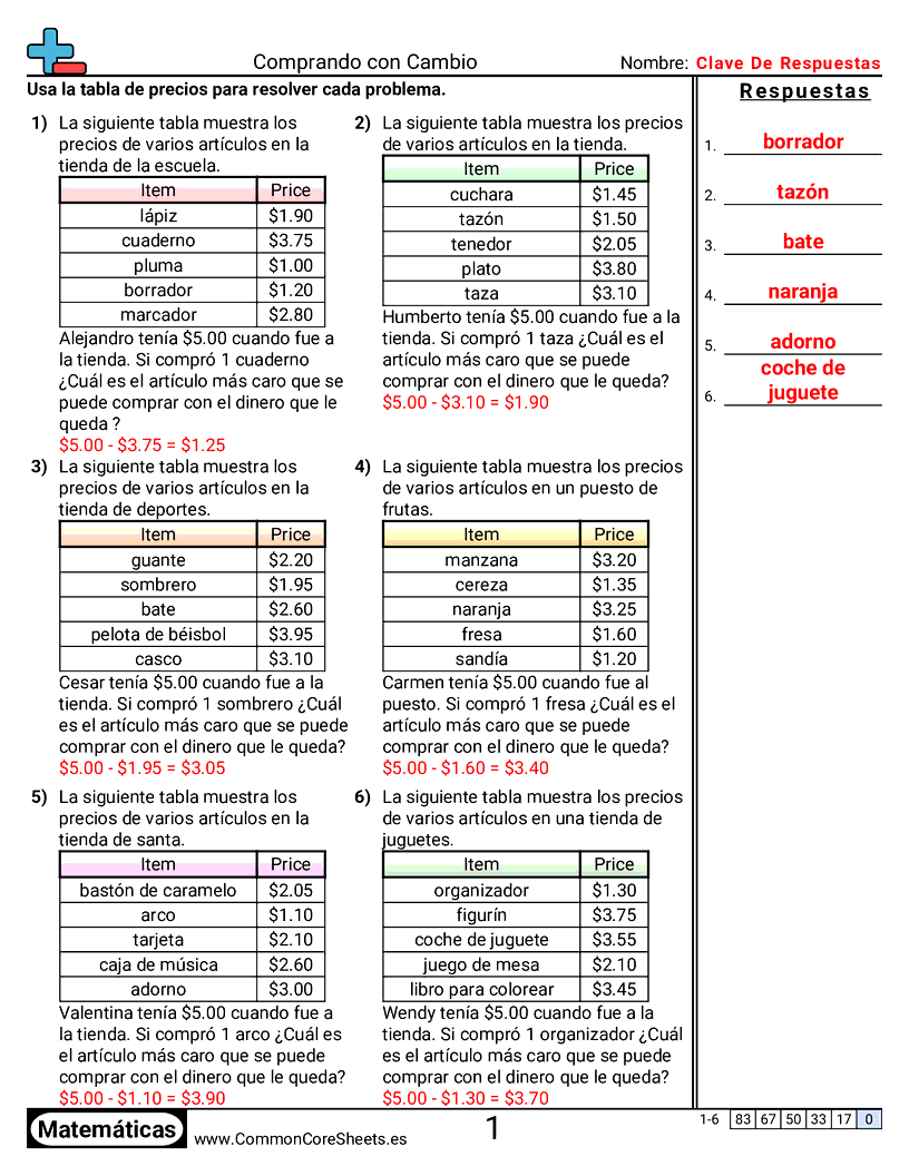 Ejercicios  de dinero  - Comprar con cambio worksheet