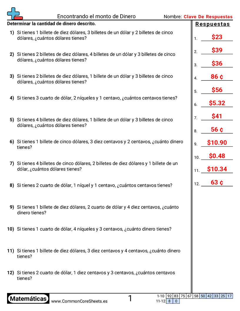 Ejercicios  de dinero  - Encontrar cantidades (dólares y centavos) worksheet